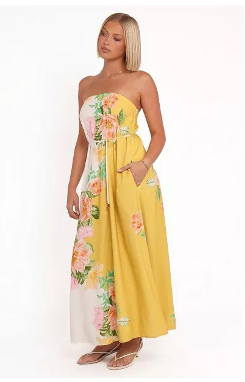 Petal & Pup Marlia Yellow Poppy Strapless Maxi Dress size small (No belt)